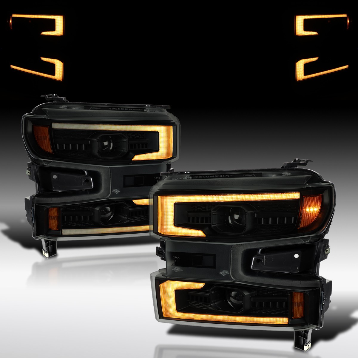 Fit 2019-2021 Silverado 1500 Smoke Sequential Projector Headlights Amber LED DRL