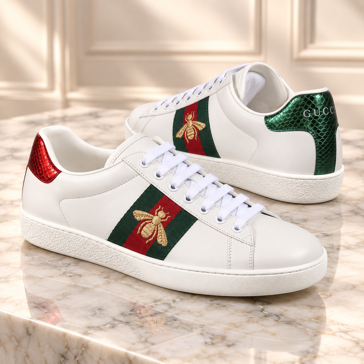 Gucci Women Ace Low Top Sneaker White Gold Bee Web Stripe Casual Shoes