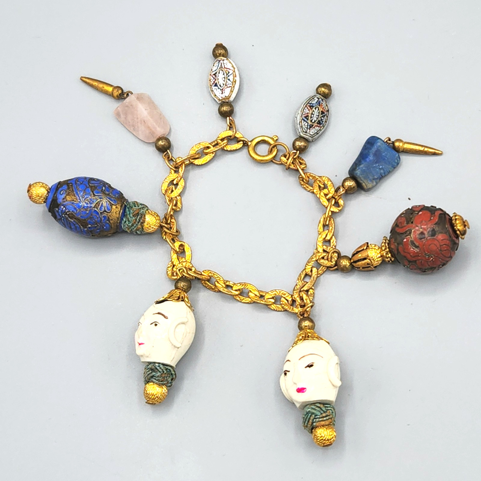 Vintage Retro Celluloid Cloisonne Enamel Asian Theme Charm Bracelet 6.75\