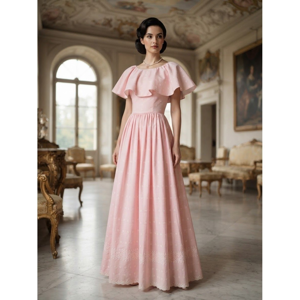 Vintage Pink Floral Embroidered Ruffle Maxi Dress Lace Hem Cottagecore Gown flaw