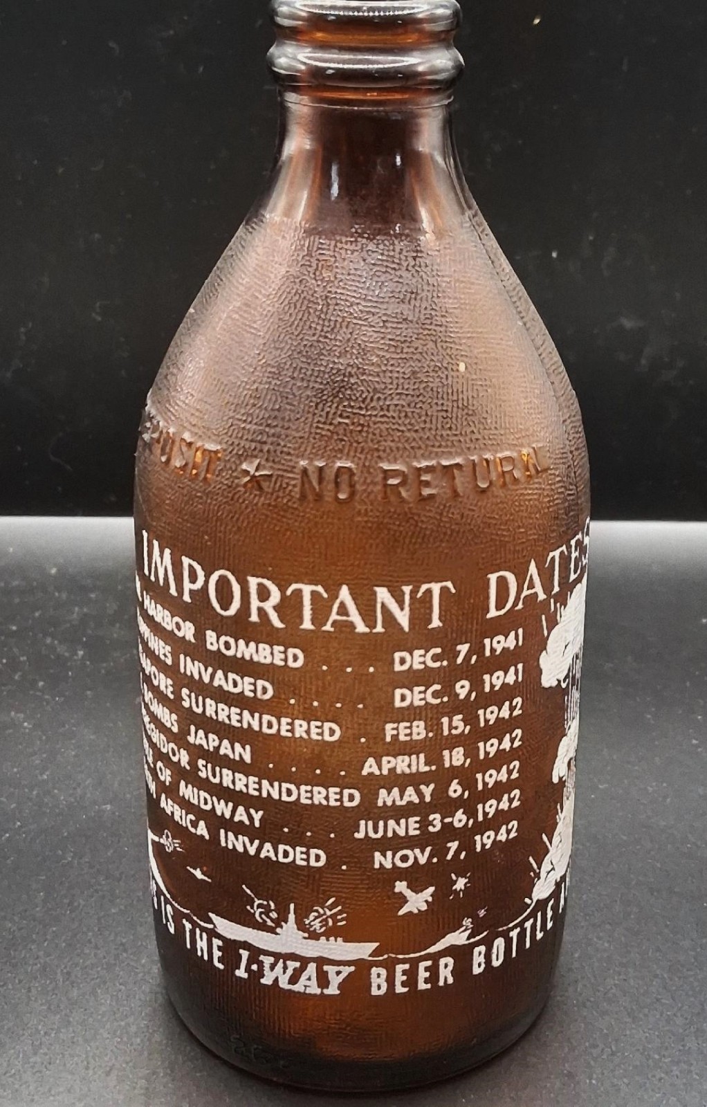 1947 WWII Important Dates 1-Way Beer Bottle Owens Illinois Duraglas RARE