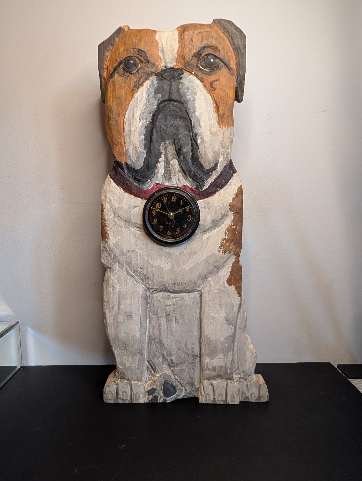 Signed JDM 1998 Hand-Carved Wooden English Bulldog W/Clock, Numbered Folk Art