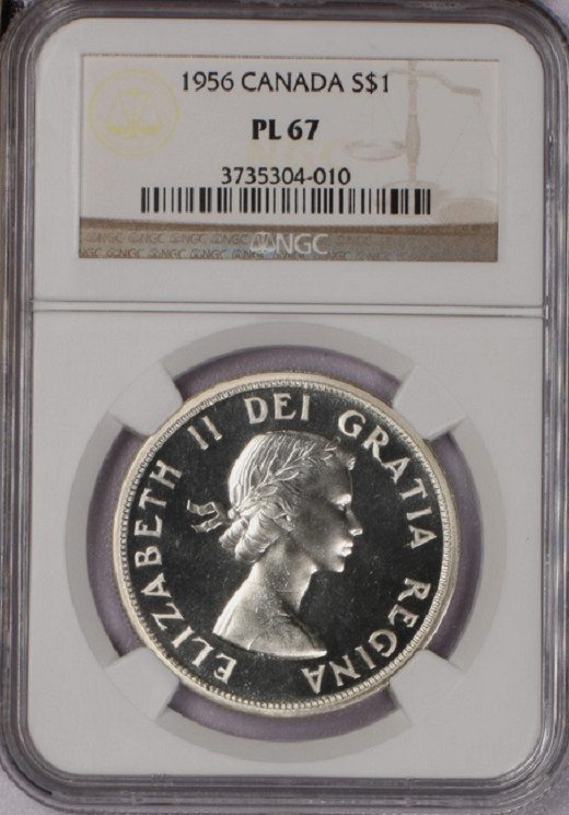 :1956 S1$ DOLLAR ELIZABETH-II CANADA NGC PL67 (SEMI-CAM) RARE R6 HIGHEST GRADES