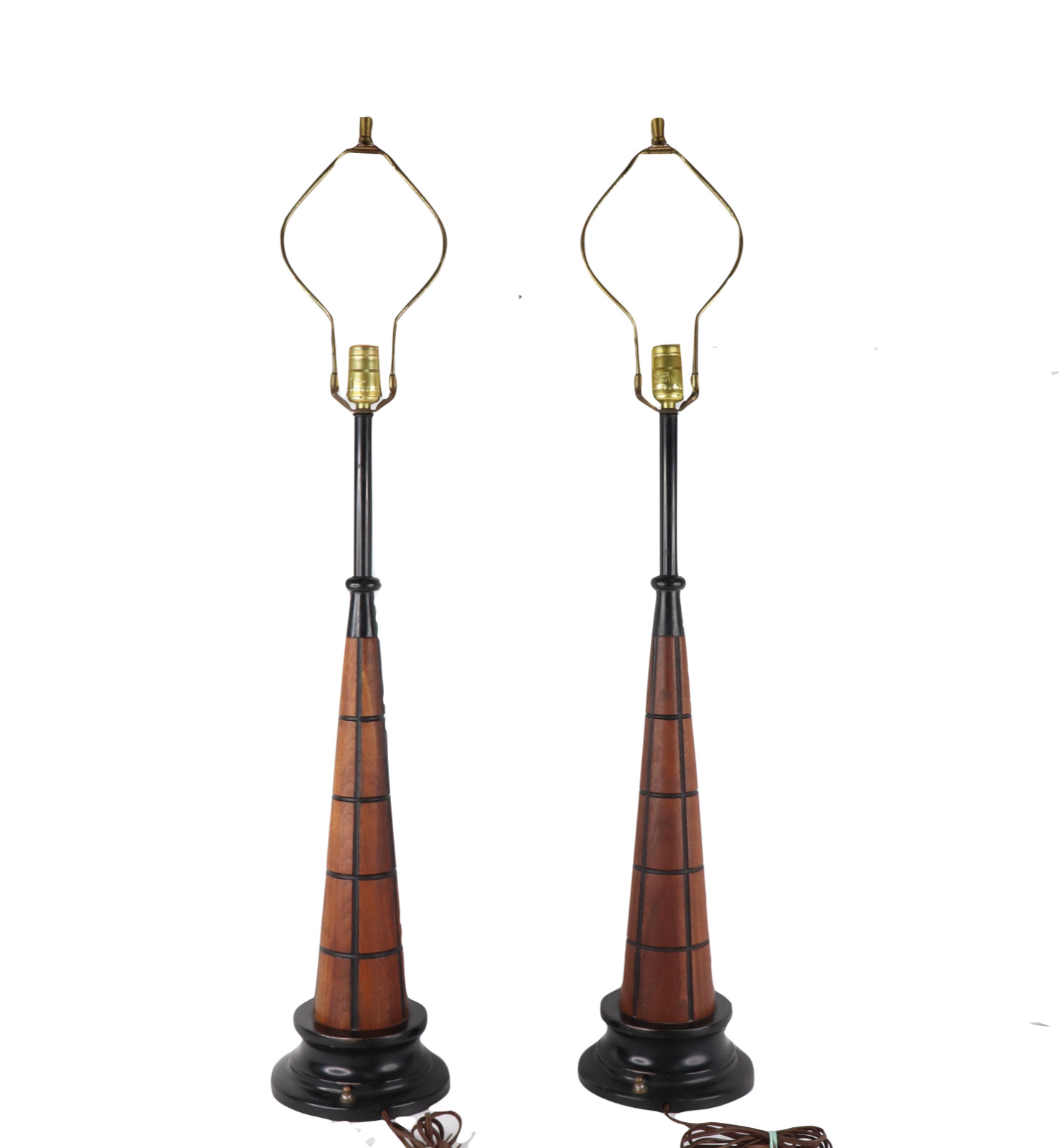 Vtg 60s Mid Century Modern MCM Gruvwood Walnut Wood Metal Table Lamps Light Pair