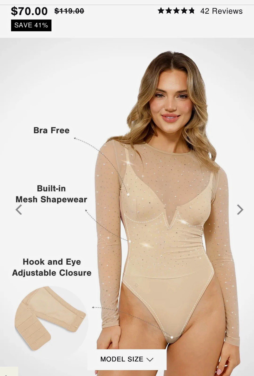 NWT Popilush Women’s XL Beige Long Sleeve Bodysuit Rhinestone Built-In Bra