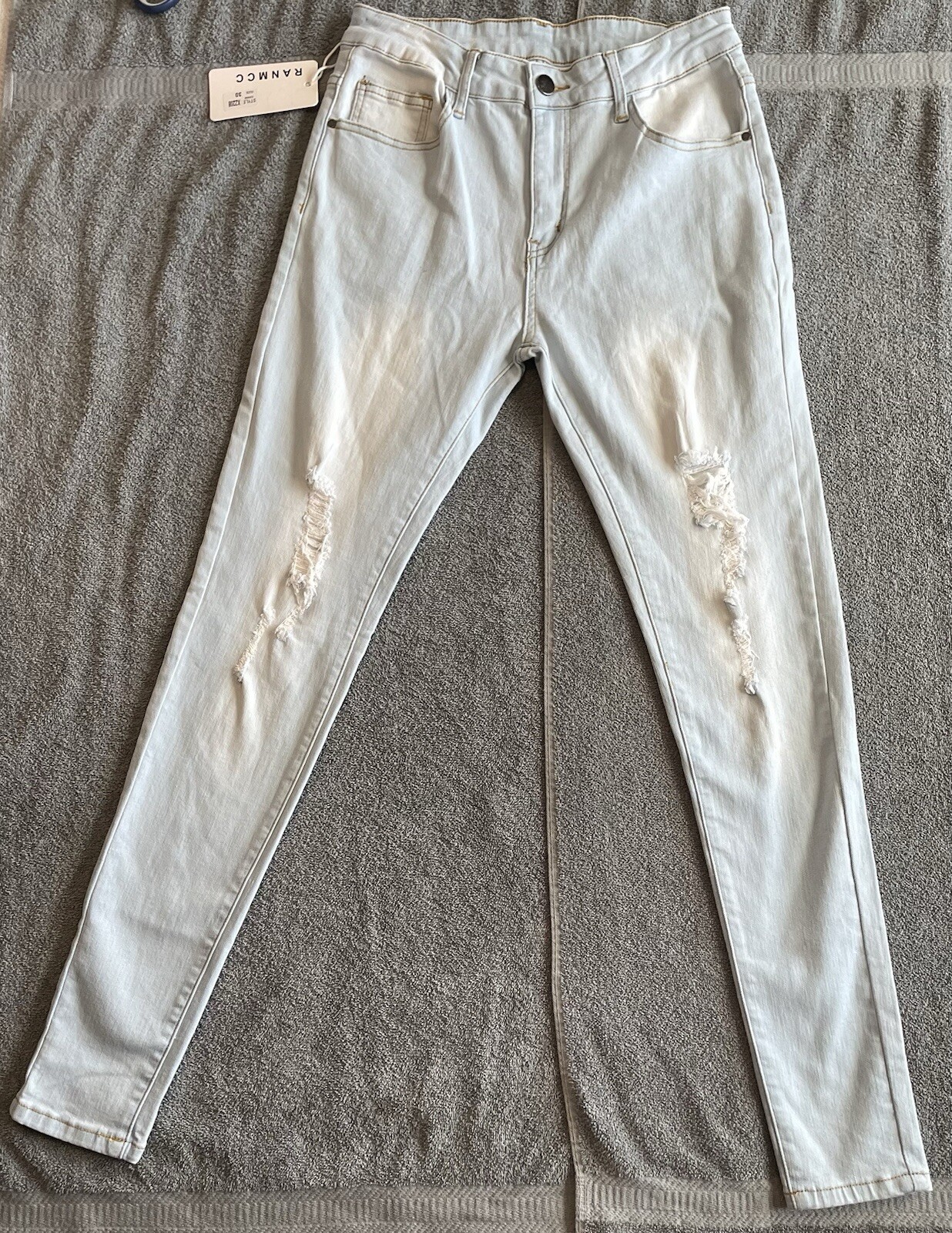 RaNmCc mens Ripped Jeans Slim Fit Skinny Stretch Jean Tampered Leg White Size 30