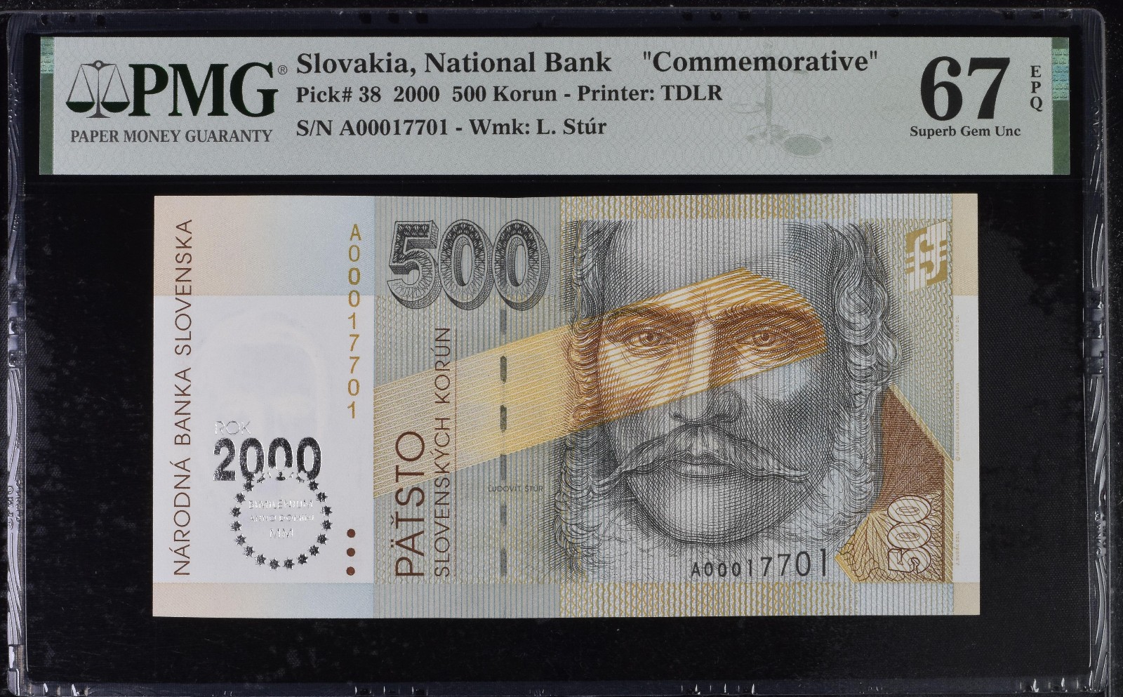 Slovakia 500 Korun 2000 Pick 38 PMG 67 EPQ Superb Gem UNC Commemorative Slovakia 500 Korun 2000 Pick 38 PMG 67 EPQ Superb Gem UNC Commemorative