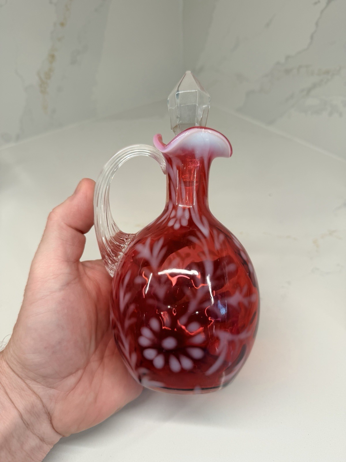 Vtg Fenton Cranberry Opalescent Daisy Fern Cruet Pitcher Ruffled 7.5” w/stopper