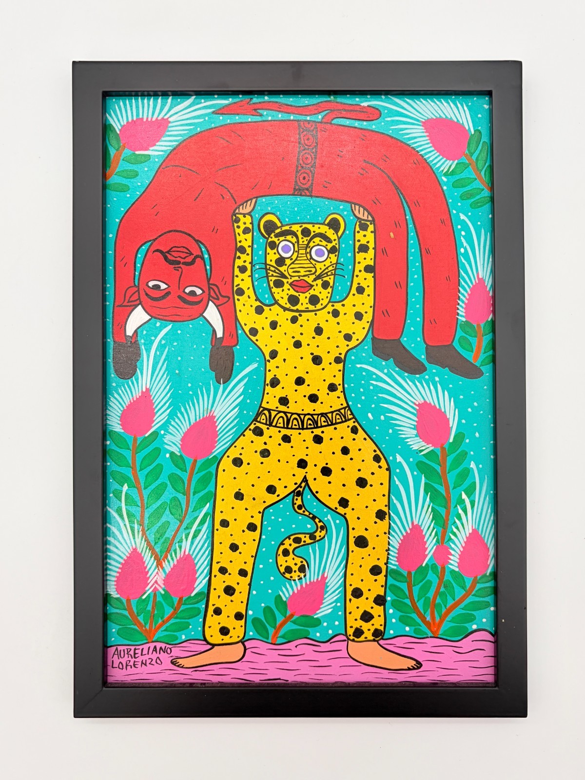 Original Folk Art Painting Aureliano Lorenzo Signed Leopard Devil Occult 13in