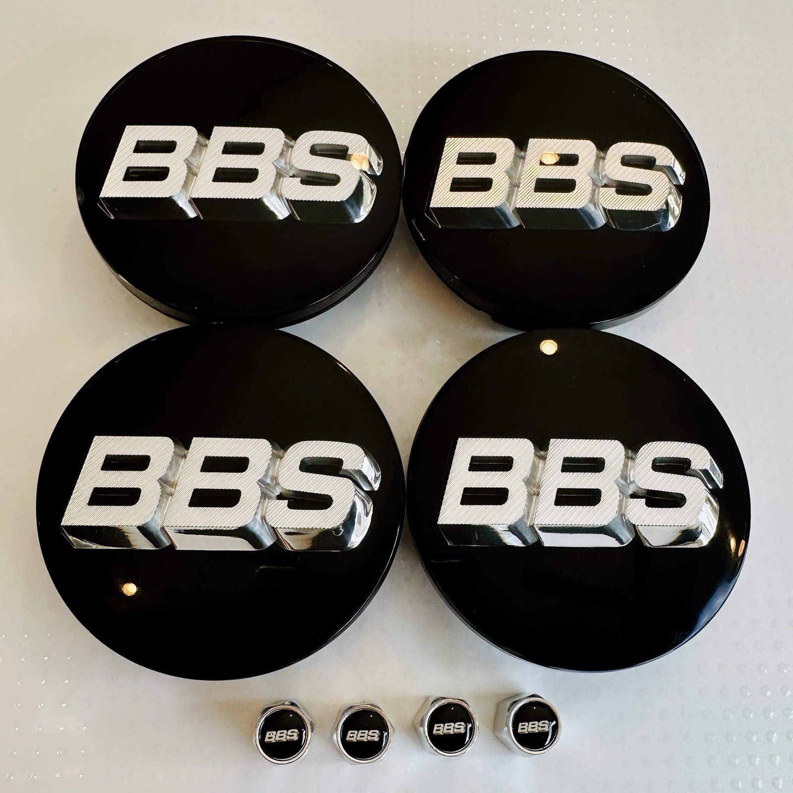 4pc OEM 3D Silver Black BBS 70mm Center Caps 56.24.073 & 4pc Chrome Valve Caps 4pc OEM 3D Silver Black BBS 70mm Center Caps 56.24.073 & 4pc Chrome Valve Caps