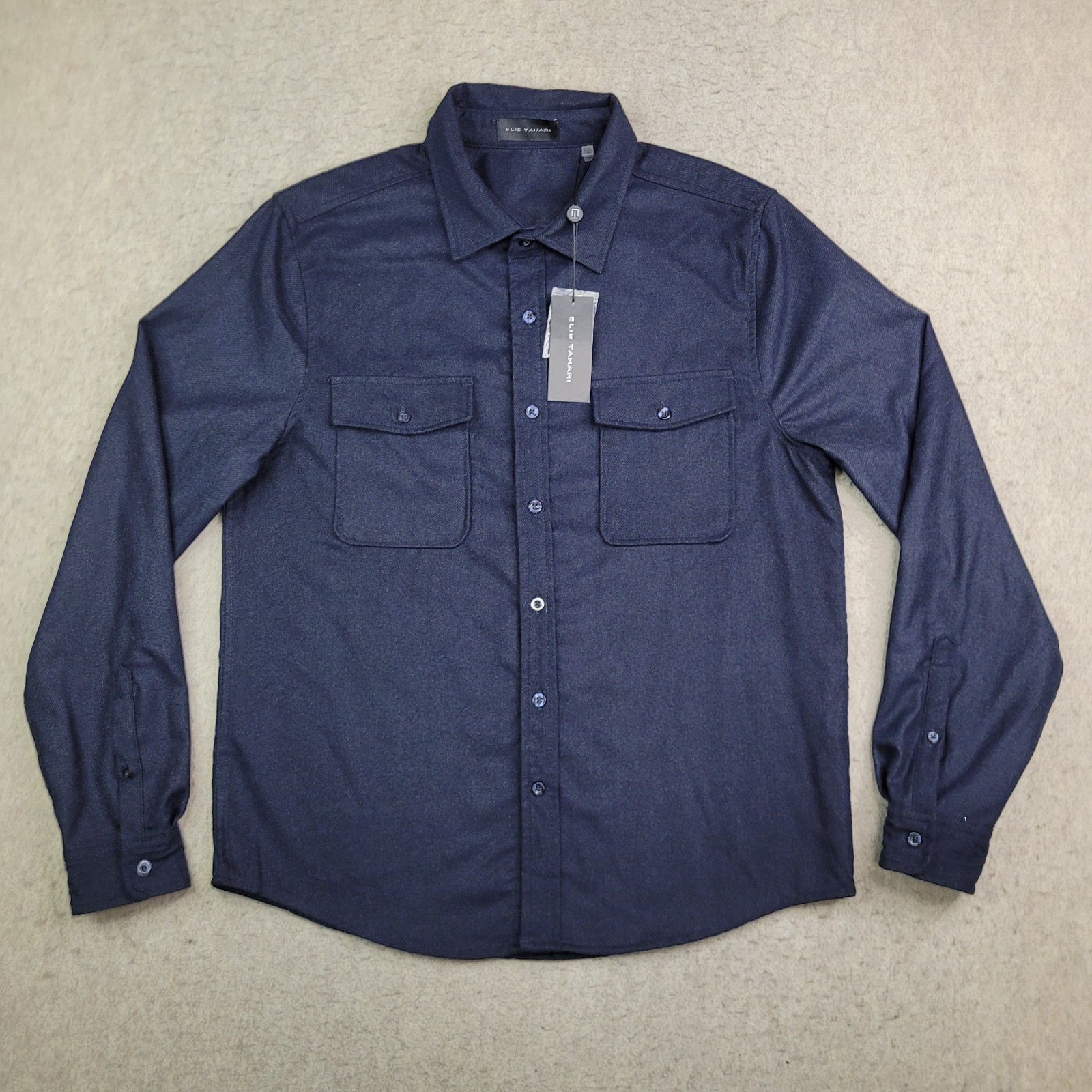 Elie Tahari Shirt Womens M Navy Blue Long Sleeve Button Up Blouse Pockets NEW