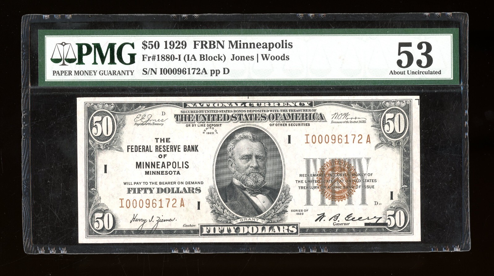DBR 1929 $50 FRBN Minneapolis Fr. 1880-I PMG 53 Serial I00096172A DBR 1929 $50 FRBN Minneapolis Fr. 1880-I PMG 53 Serial I00096172A