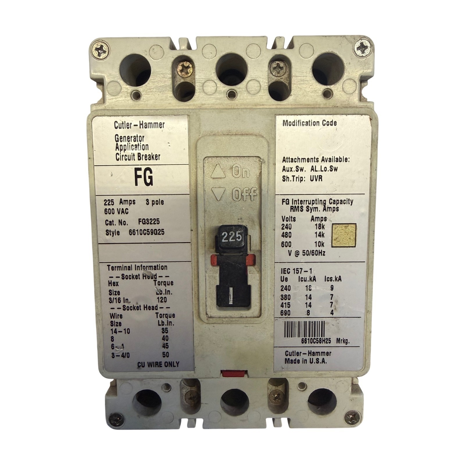 Cutler-Hammer FG3225 225A 3-Pole 600V Generator Circuit Breaker w/ Shunt Trip