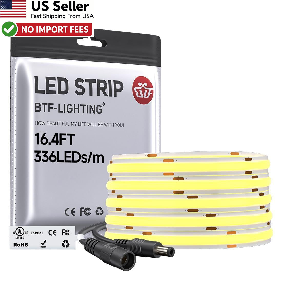 BTF-LIGHTING 16.4FT FCOB COB LED Strip Warm White 3000K DC12V 8mm Flexible Tape