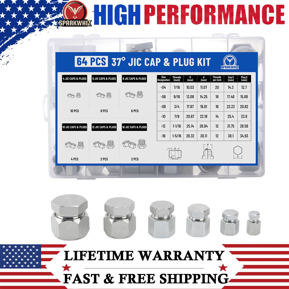 64 Piece JIC 37° Flare Cap and Plug Kit Hose Tube &Pipe Fitting Set Hydraulic