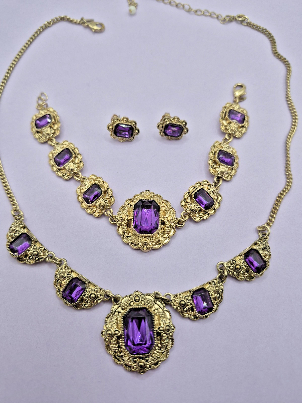 VTG AVON SET Signed NWT Purple Victorian Filigree Necklace Bracelet Earring RARE