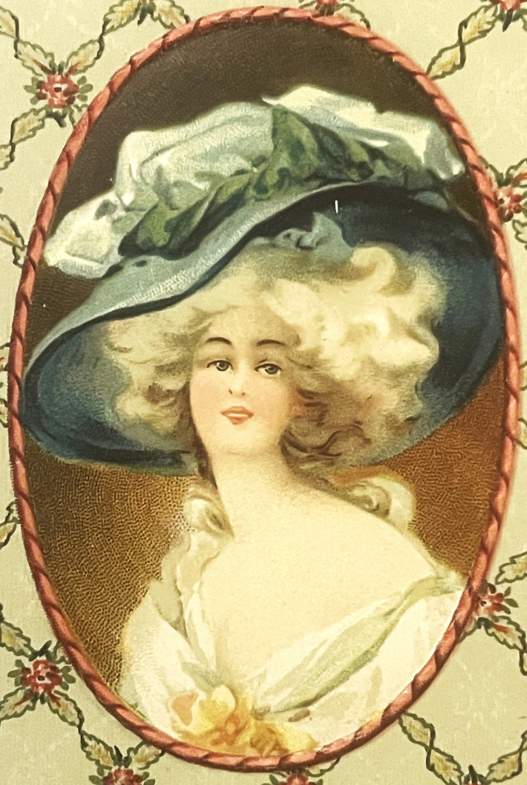 Antique 1800s Victorian Candy Box Insert 👒 Blue Hat Lady German Chromolith NOS