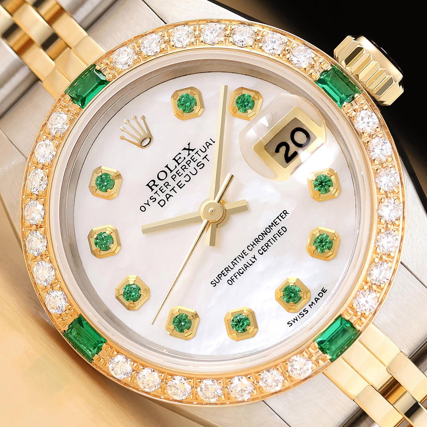 ROLEX LADIES DATEJUST 69173 MOTHER OF PEARL TSAVORITE DIAMOND 18K GOLD SS WATCH