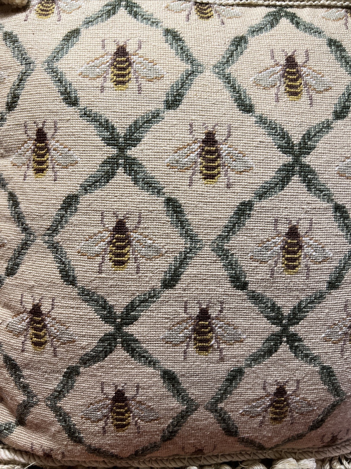 18x18” vintage French Napoleonic BEE needlepoint throw pillow/cream & beige 18x18” vintage French Napoleonic BEE needlepoint throw pillow/cream & beige