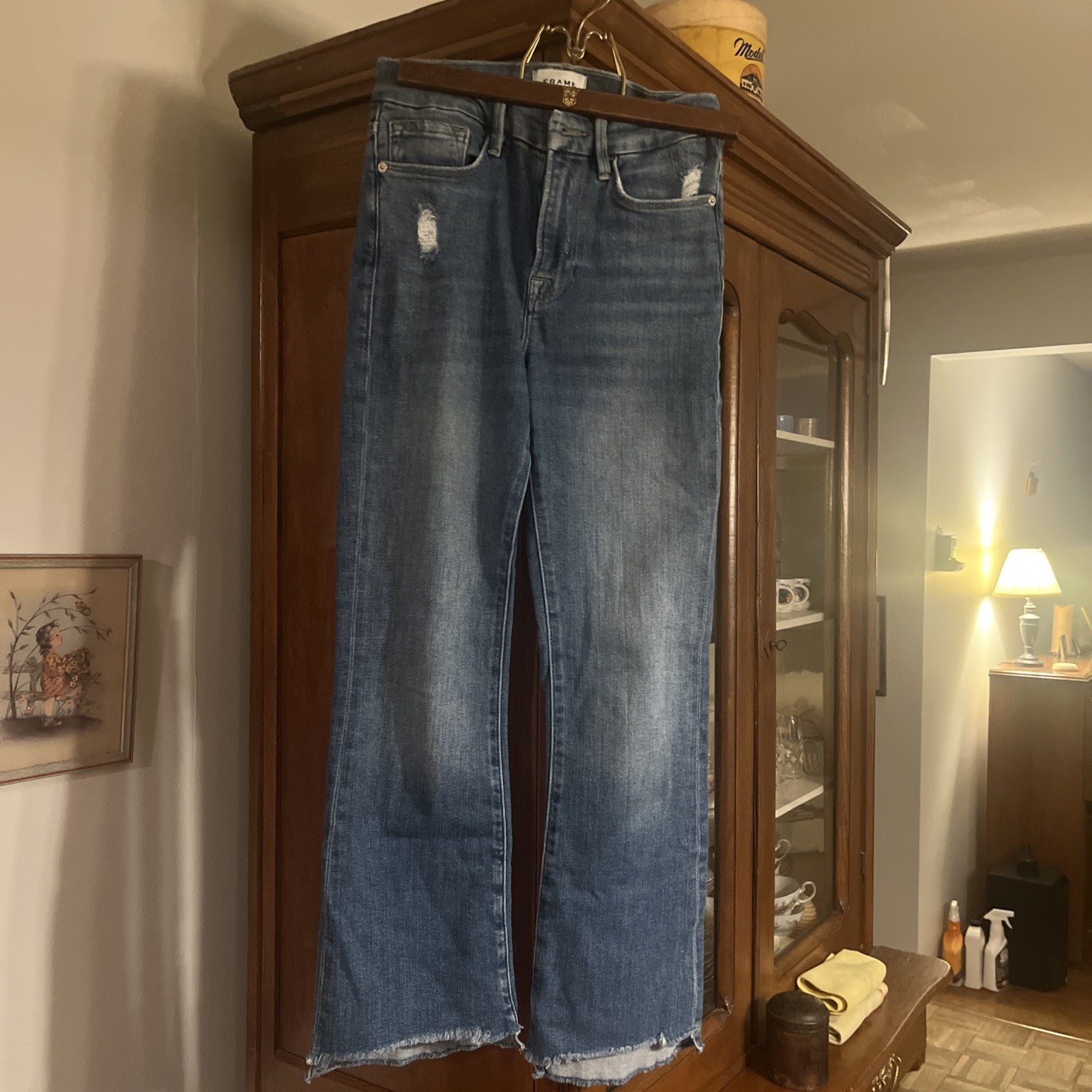 Frame Le Crop Mini Boot Jeans 25 in Drizzle Rips Chew Blue Ankle Stretch Raw Hem Frame Le Crop Mini Boot Jeans 25 in Drizzle Rips Chew Blue Ankle Stretch Raw Hem