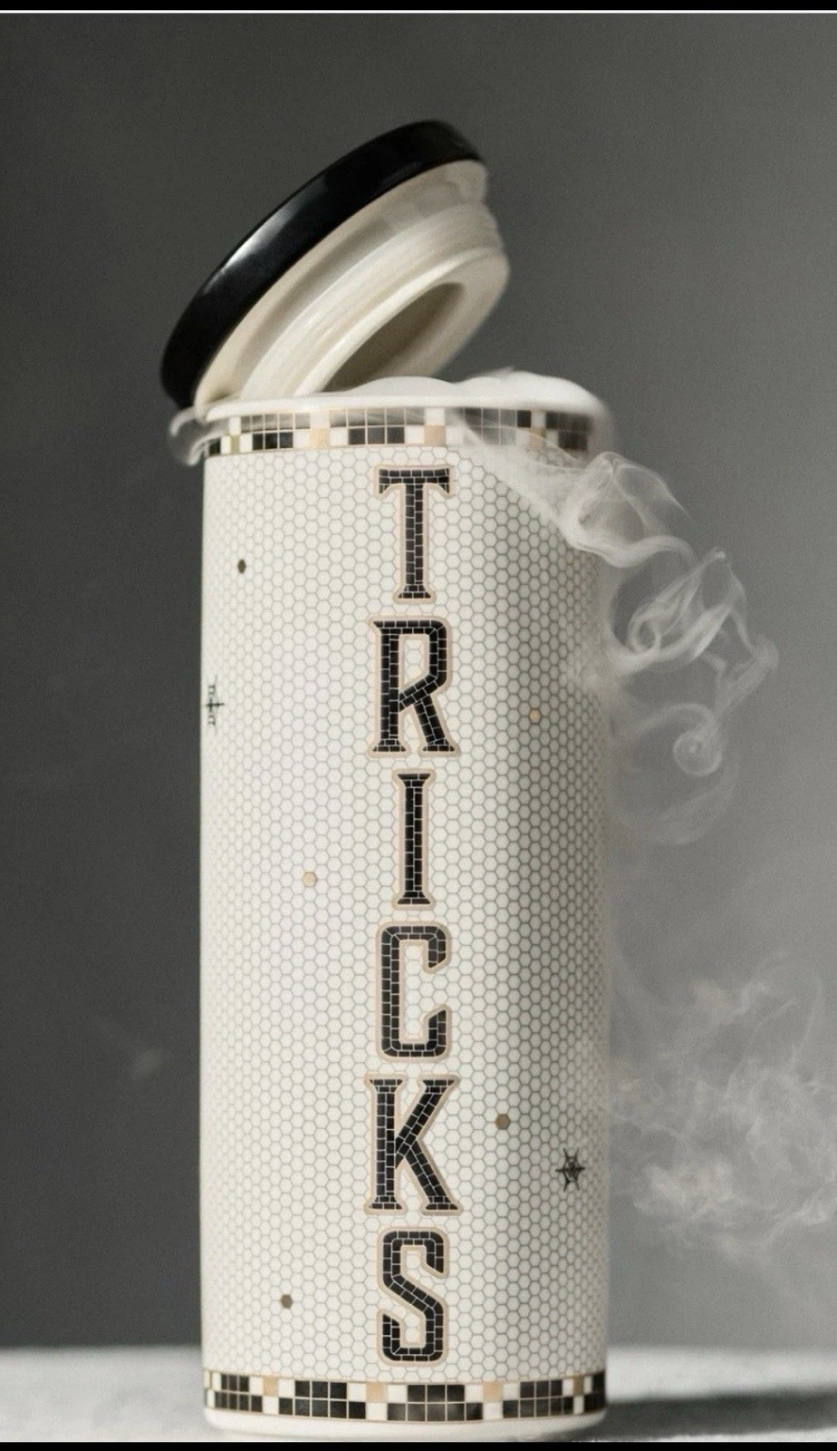 Anthropologie Bistro Tile Halloween Edition Tricks Canister White Black Cat Anthropologie Bistro Tile Halloween Edition Tricks Canister White Black Cat