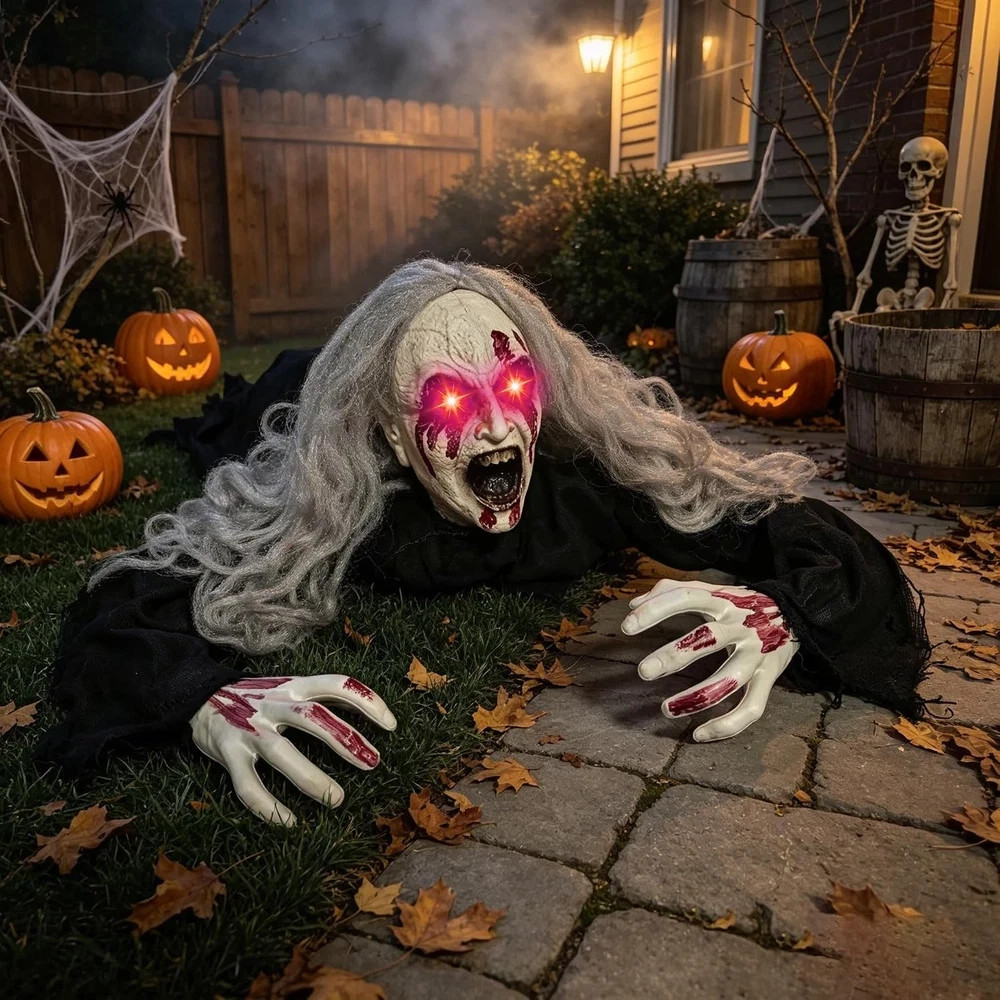Crawling Zombie Halloween Animatronics Decoration, Groundbreaker Scary Face with