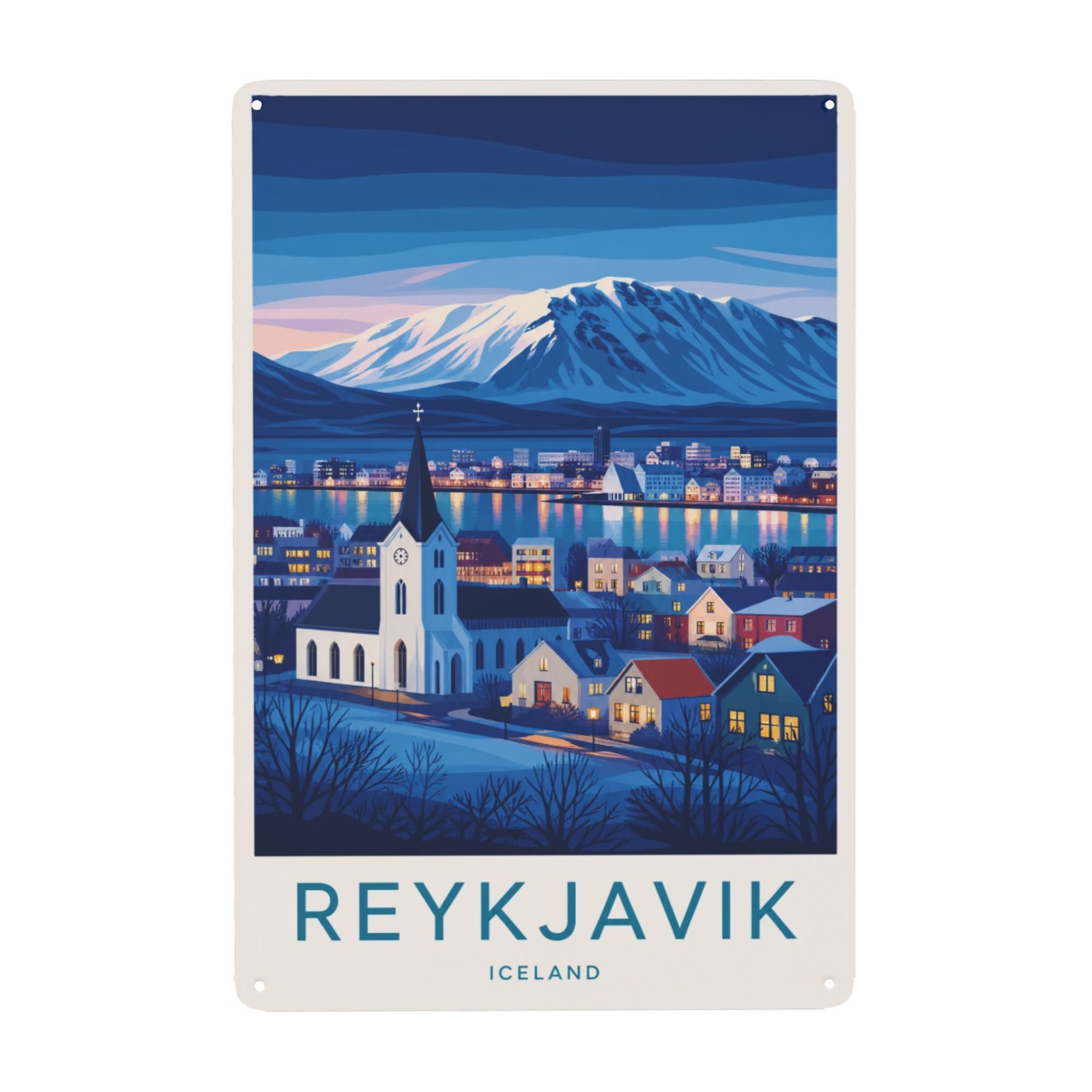 Rustic Reykjavik Iceland Scenic View with Church and Metal Sign 8x12 Inch