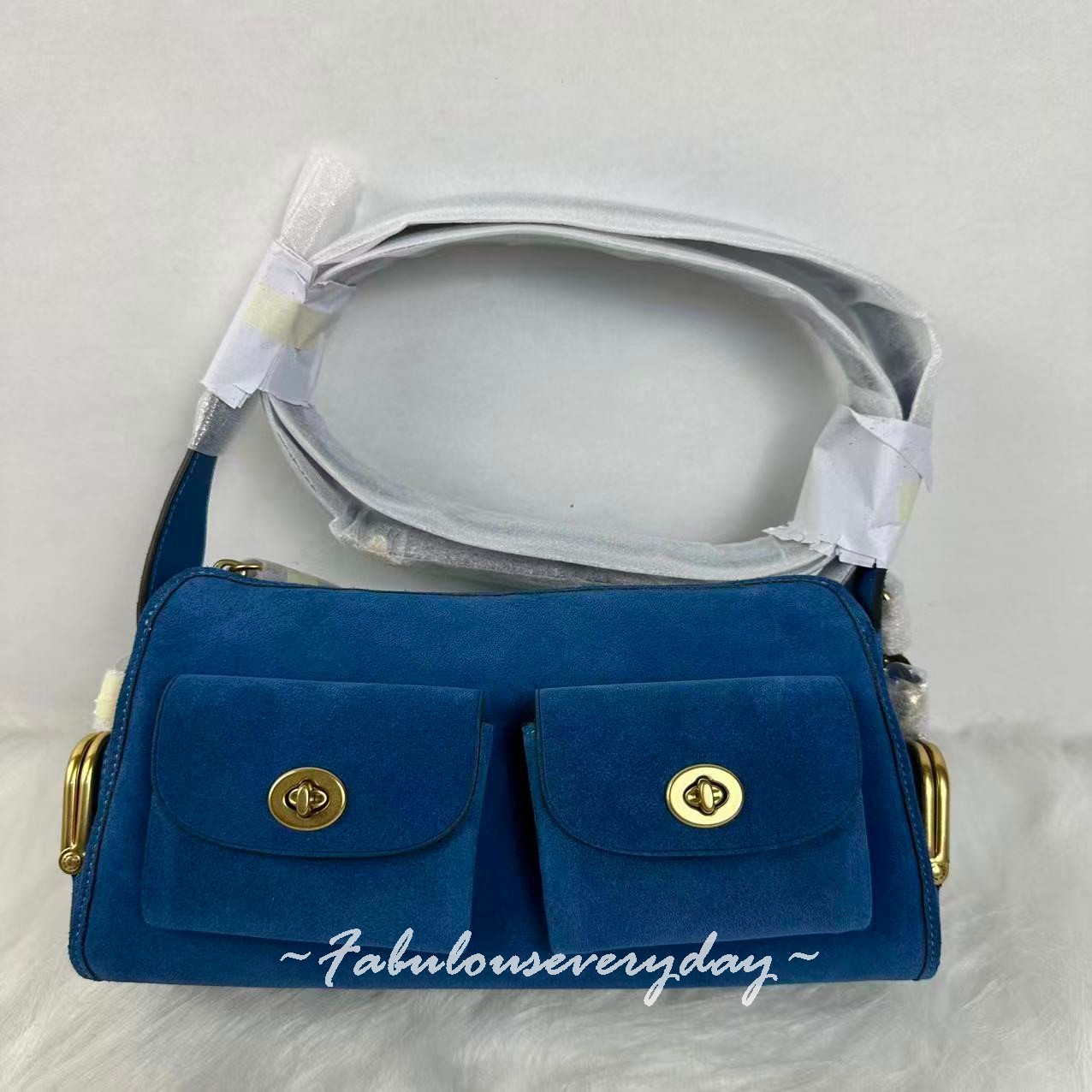 Coach Turnlock Haversack Bag 27 Shoulder/Crossbody In Suede/Brass/Blue Jay CFQ59