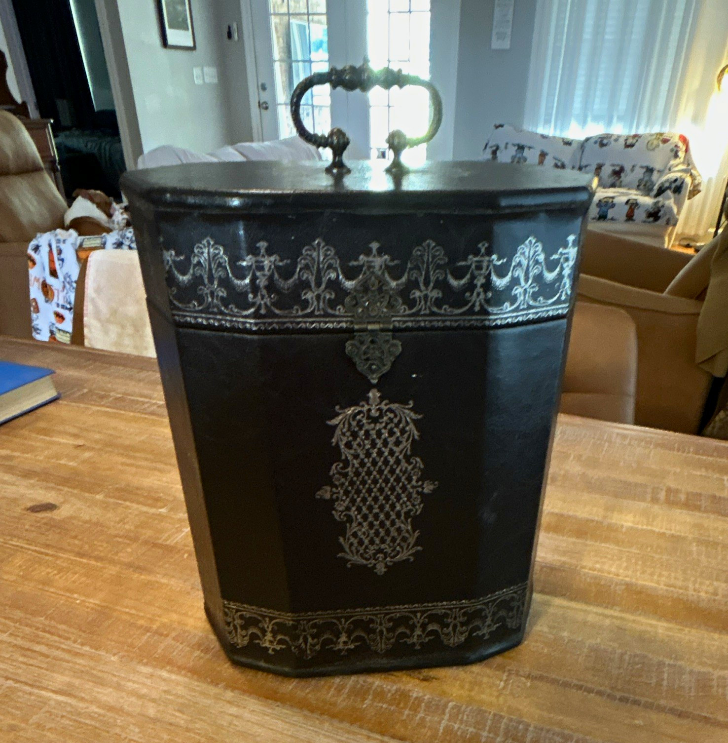 Antique Decorative Storage Box w/ Lid Handle and Ornate Scroll Design