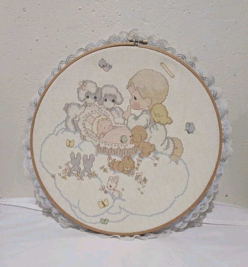 Vintage Precious Moments Cross Stitch Wooden Hoop Lace Detailing Love Lifted Me