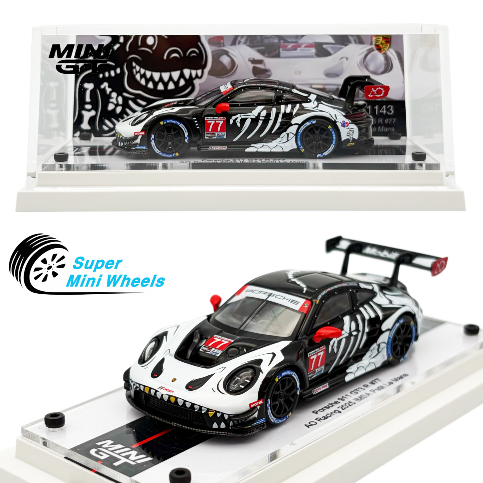 Custom Mini GT Porsche 911 GT3 R #77 AO Racing 2025 IMSA #1143 with Display Case