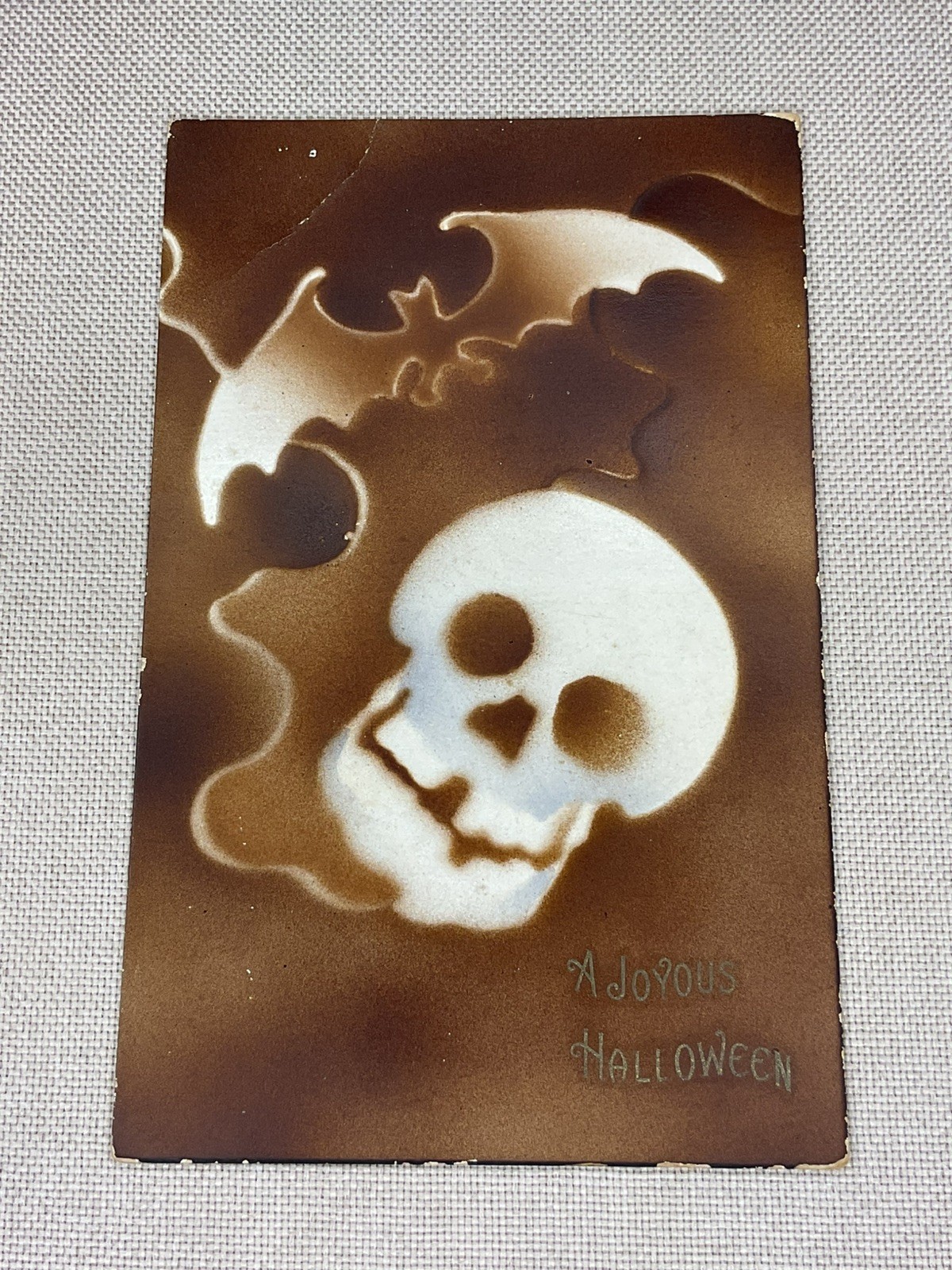 Antique Postcard A Joyous Halloween Rose Company Hand Colored Skull Bat Rare