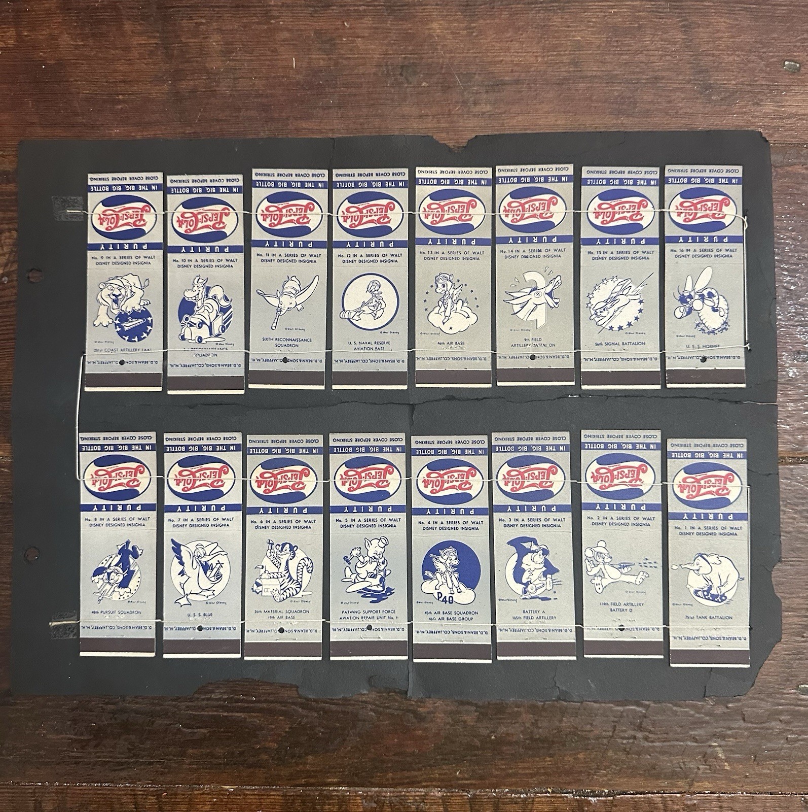 Vintage 1942 WWII Pepsi Cola Matchbook Covers Lot of 16 Walt Disney Insignias
