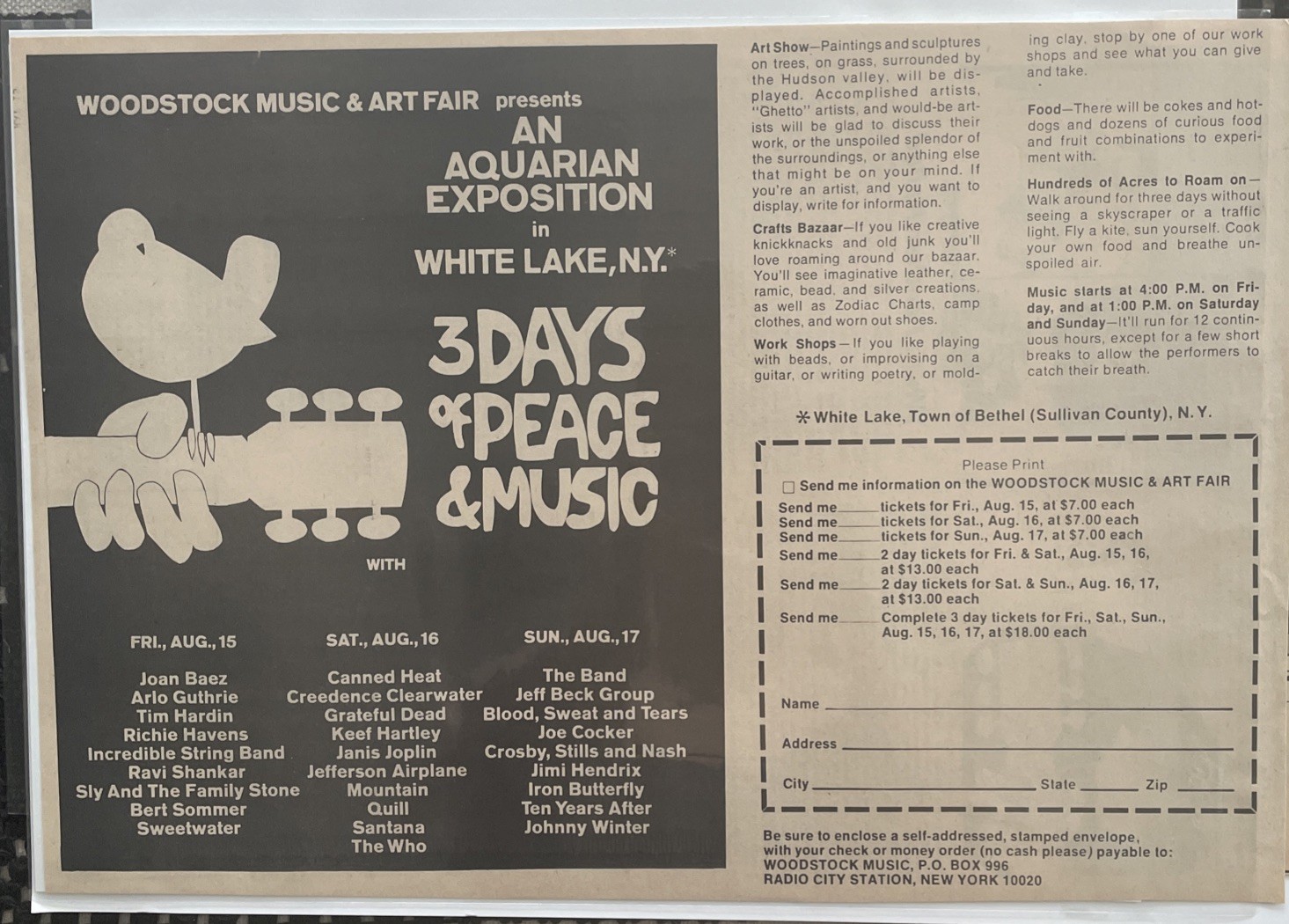 1969 WOODSTOCK FESTIVAL White Lake NY, Ticket Order Form , Concert Ad