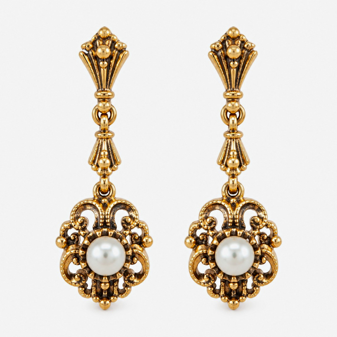 Vintage 14K Yellow Gold Pearl Filigree Dangle Earrings 1.41g Stamped