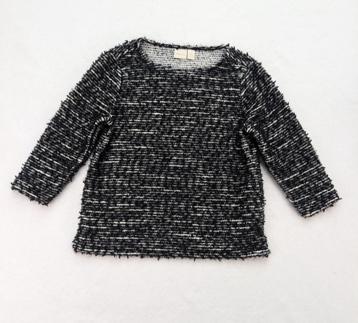 Chico\'s Women\'s Sweater Size 1 Black Fuzzy Textured 3/4 Sleeve Lightweight