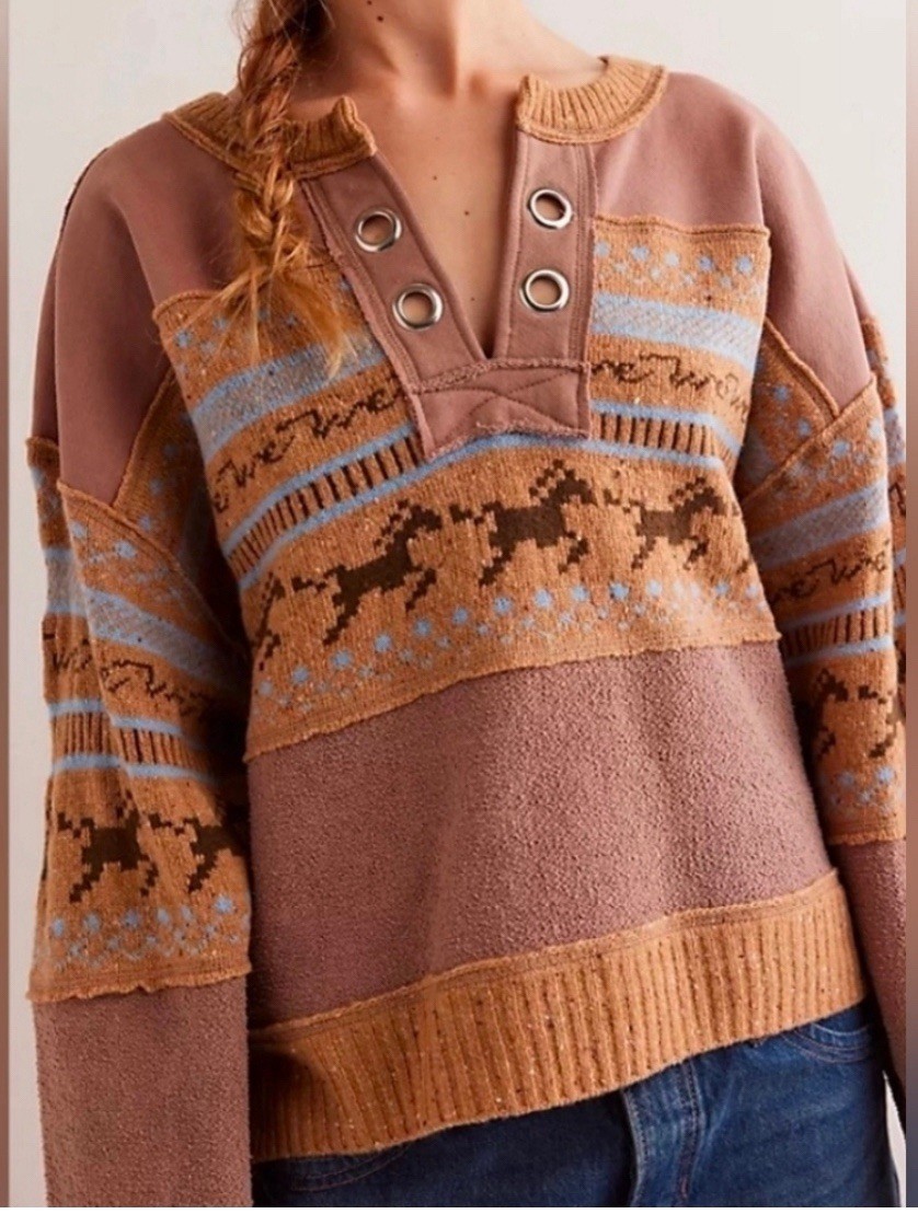 We The Free People Running Wild Pullover Horse Graphic Printed Sweater Size M