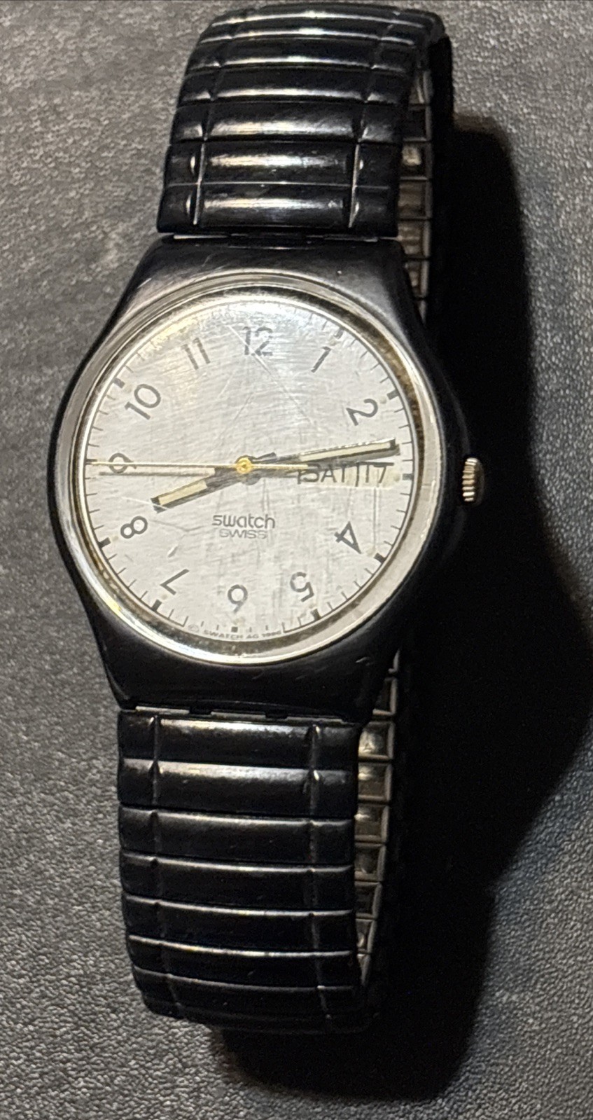 Vintage 1986 Swatch Classic GB706 Day Date -USA Metal Stretch Rare Band Vintage 1986 Swatch Classic GB706 Day Date -USA Metal Stretch Rare Band