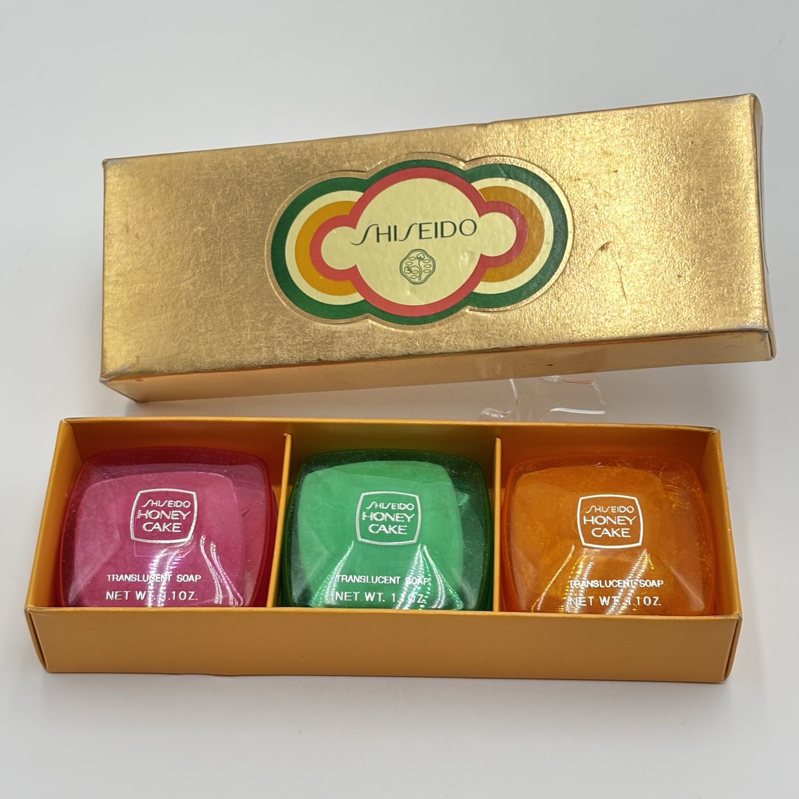 Vintage Shiseido Honey Cake Translucent Soap Japan Set Ruby Pink Green Gold ~Box