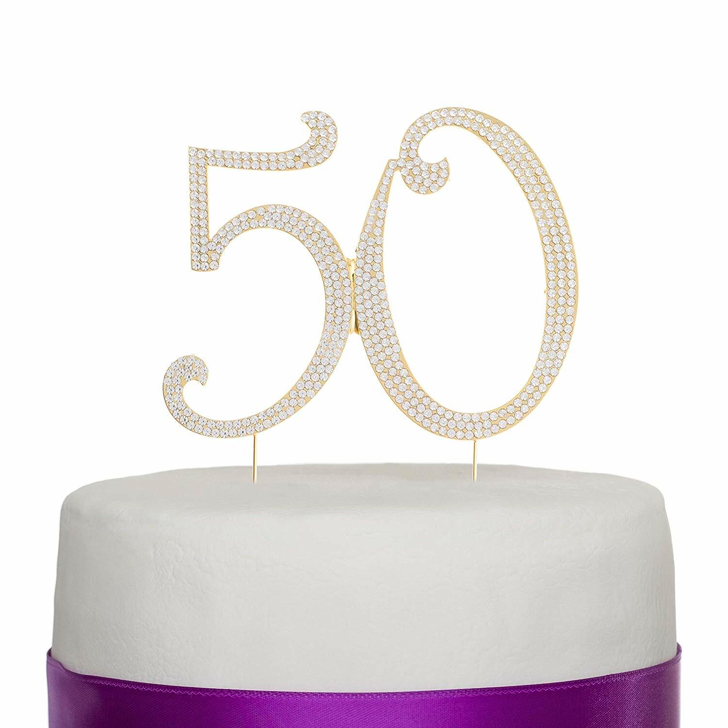 50 Gold Rhinestone Cake Topper - Fifty 50th Birthday Anniversary Decoration