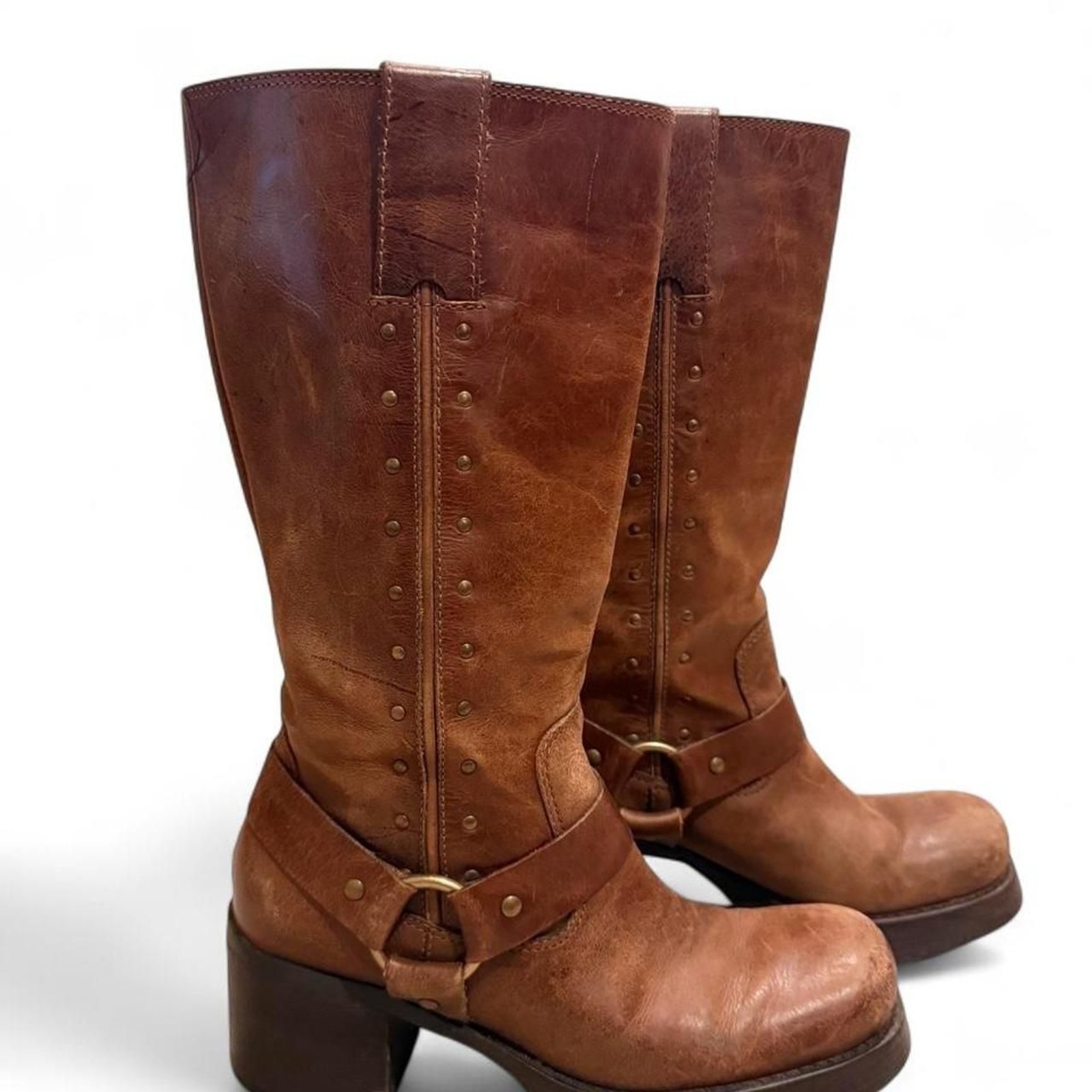 Vintage Y2K MIA Brown Leather Studded Harness Platform Boots Size 7 Vintage Y2K MIA Brown Leather Studded Harness Platform Boots Size 7