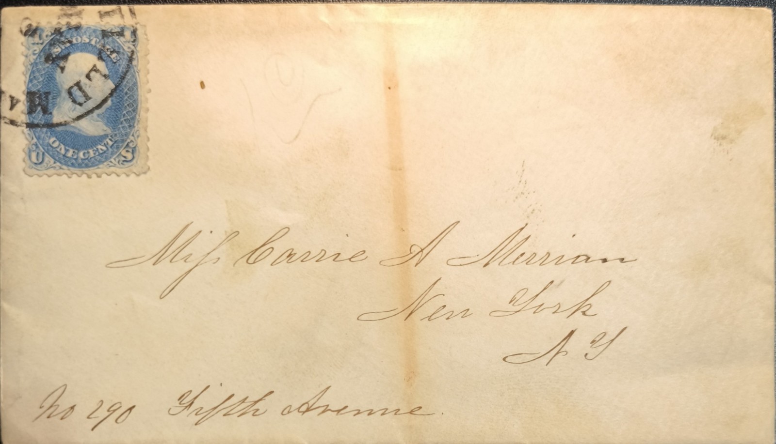 1850s USA Cover w/ Scott #24 1c Blue Washington Stamp to New York