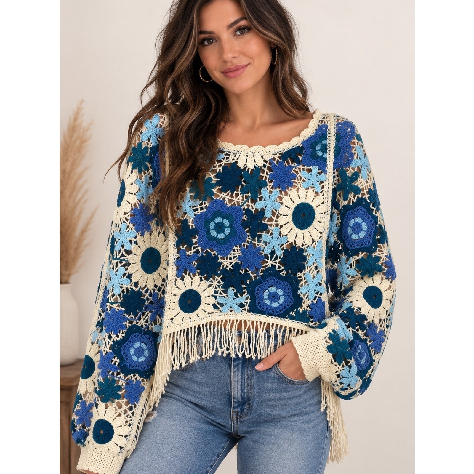 House of Harlow 1960 Blue & Cream Crochet Fringe Pullover