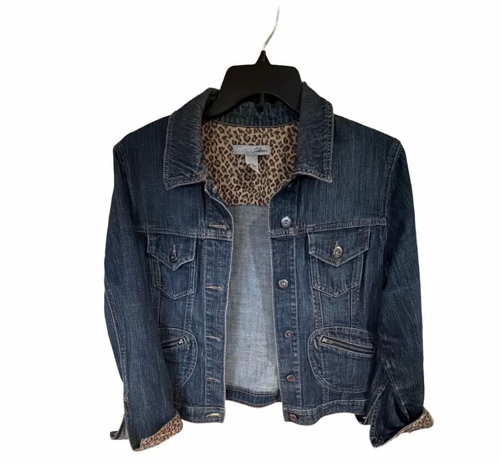 Chico\'s Platinum Denim Jacket Size 2 Blue Leopard Print Cuffs