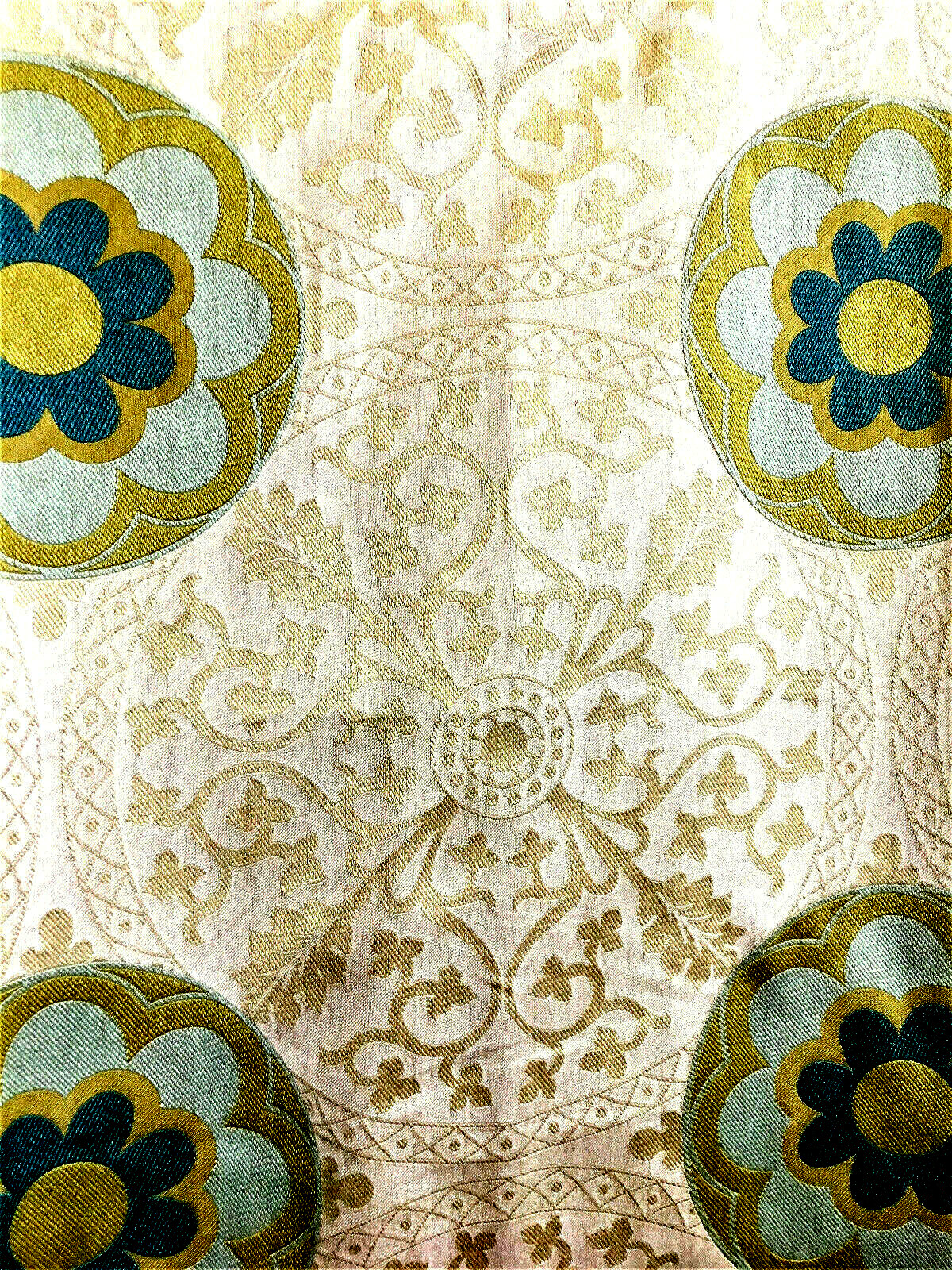Robert Allen Damask Geometric Floral Upholstery Fabric Beige Aqua Blue 27 x 17.5