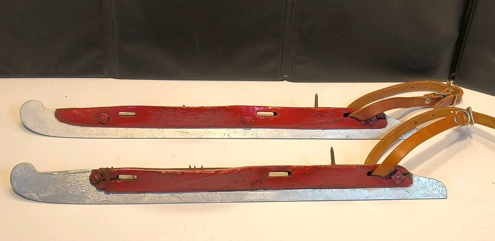 RARE Antique 1800s Primitive Wooden Ice Skates Pair Metal Blades Leather Straps