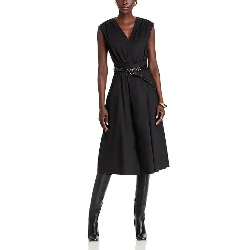 MICHAEL Michael Kors Women Black Poplin Fit and Flare Belted Midi Dress Size L