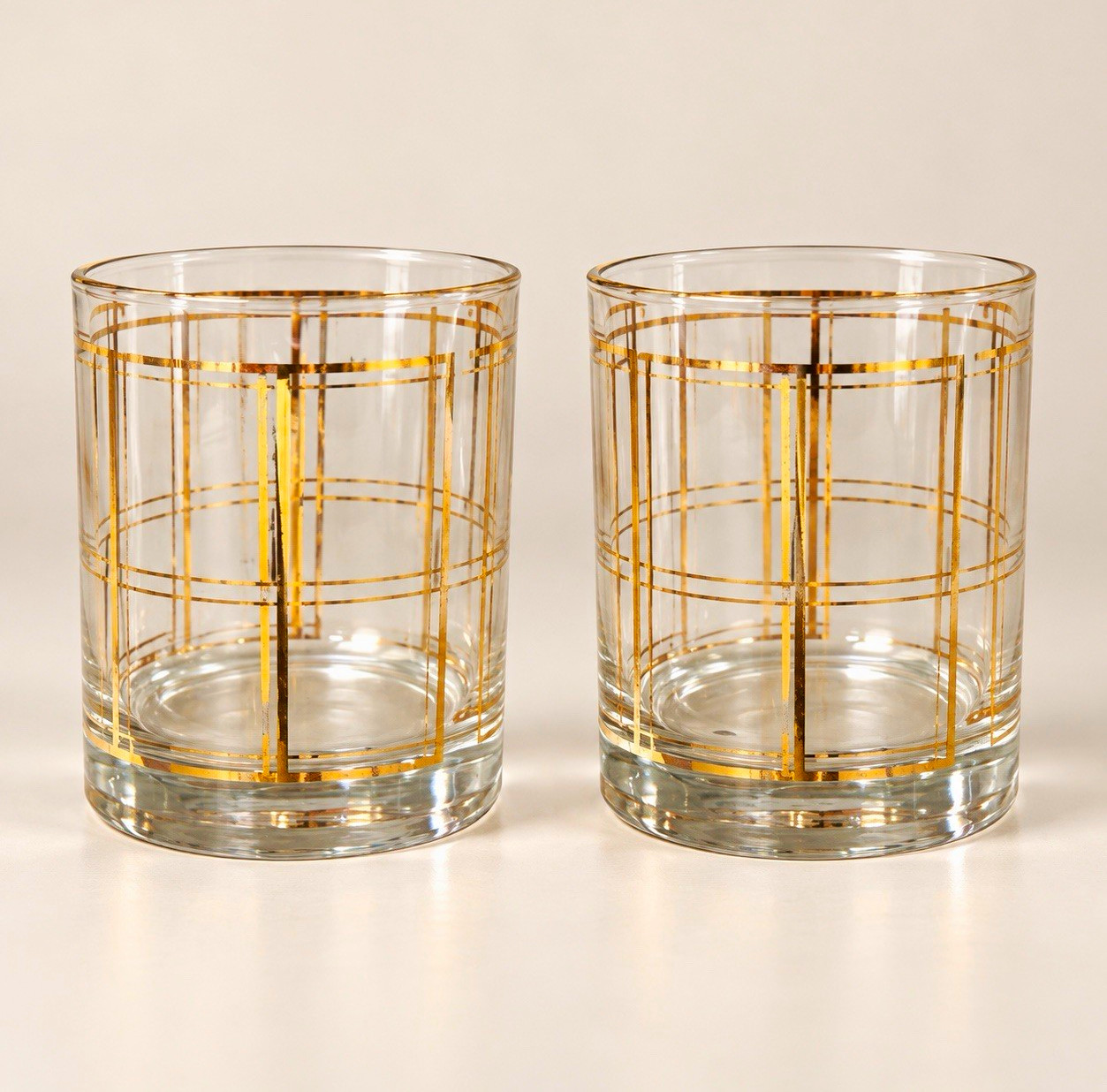 Vintage Gold Grid Lowball Cocktail Glasses – Set of 2  - look like George Briard