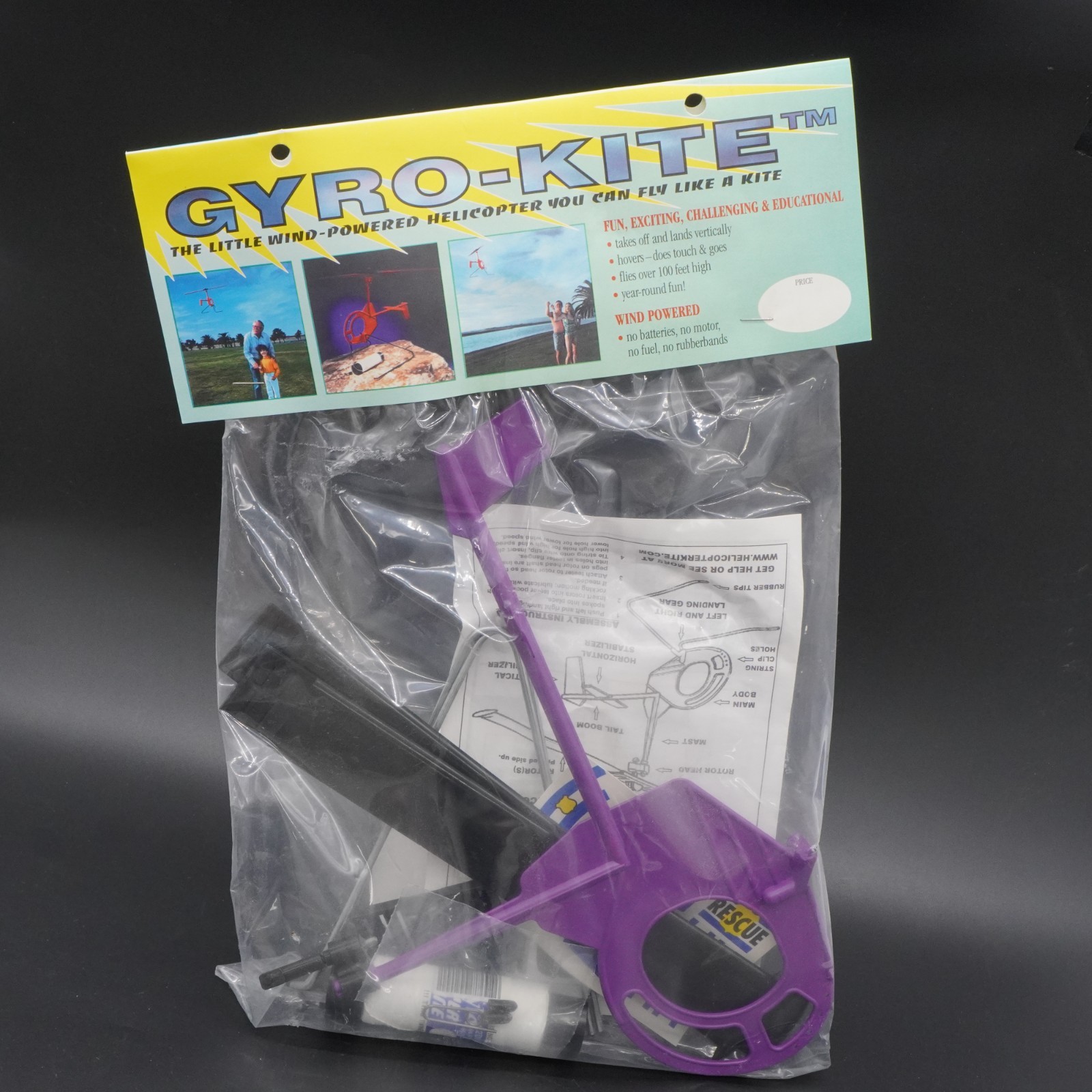 Gyro-Kite Vintage Purple 1996 Wind Powered Gyroplane w/ Black Rotors- Sealed NOS