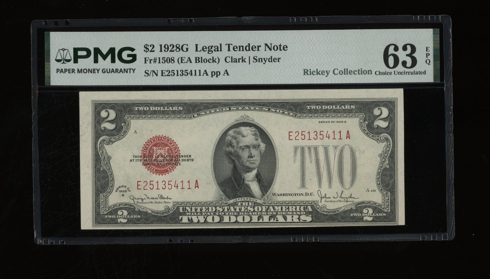 DBR 1928-G $2 Legal Fr. 1508 EA Block PMG 63 EPQ Serial E25135411A